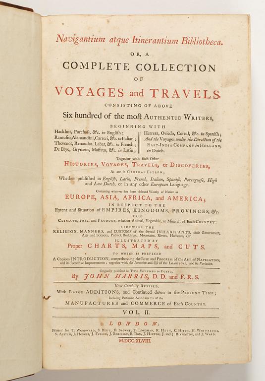 JOHN HARRIS (1667?-1719), 2 vol, Navigantium atque Itinerantium Bibliotheca or a compleat Collection of Voyages and Travels, andra utökade uppl, London 1744-48.