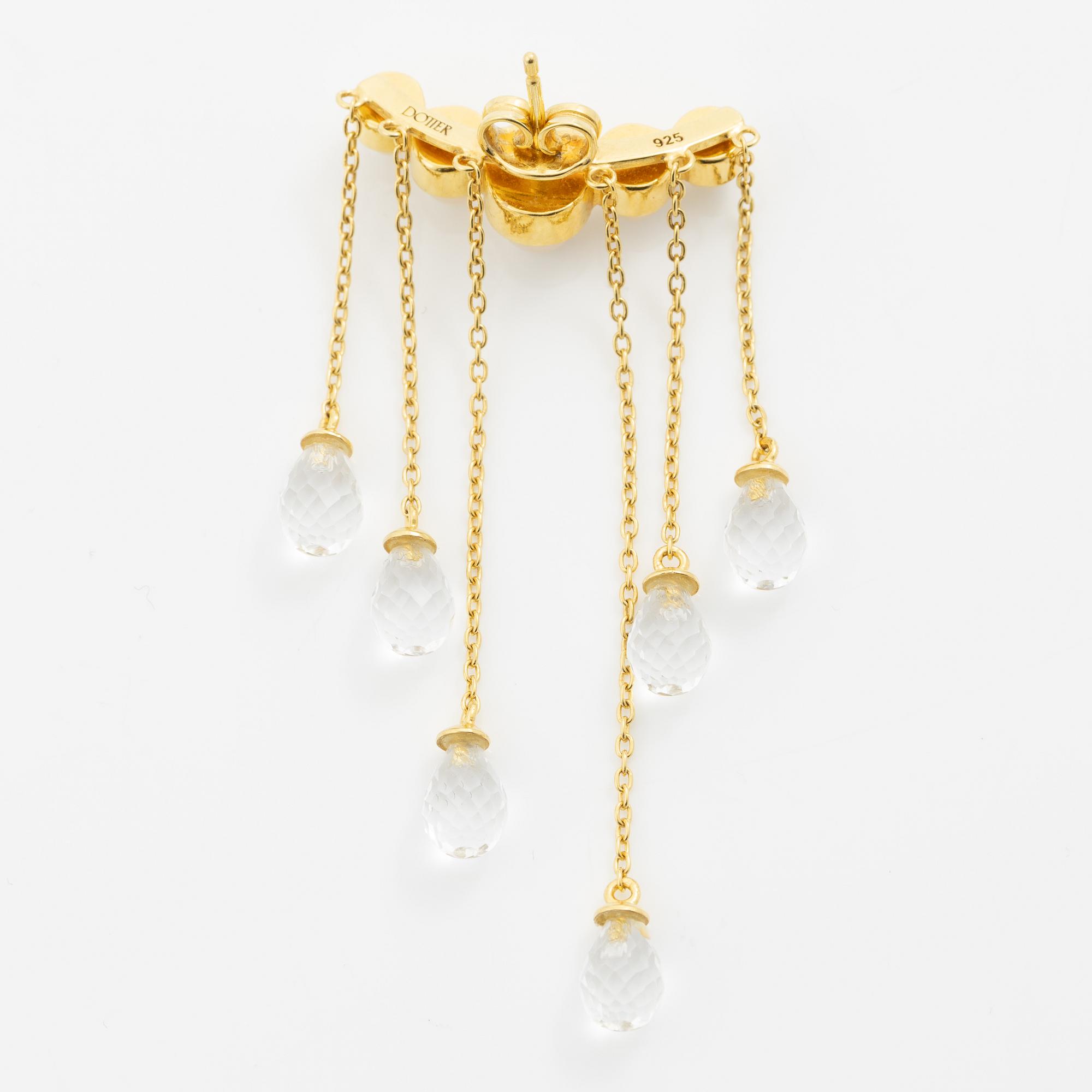 Maria Nilsdotter, a single earring, "rain earring" and a pair, silver with pearls and quartz.