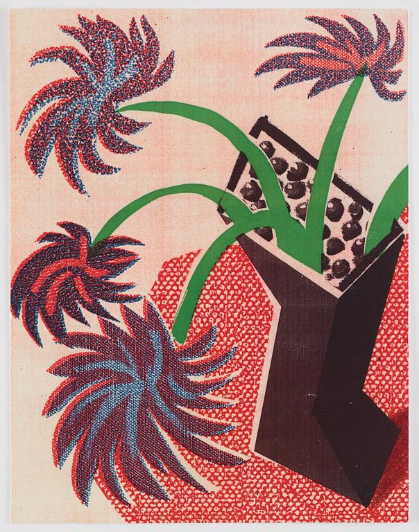 David Hockney, "Flowers, apple and pear on table".