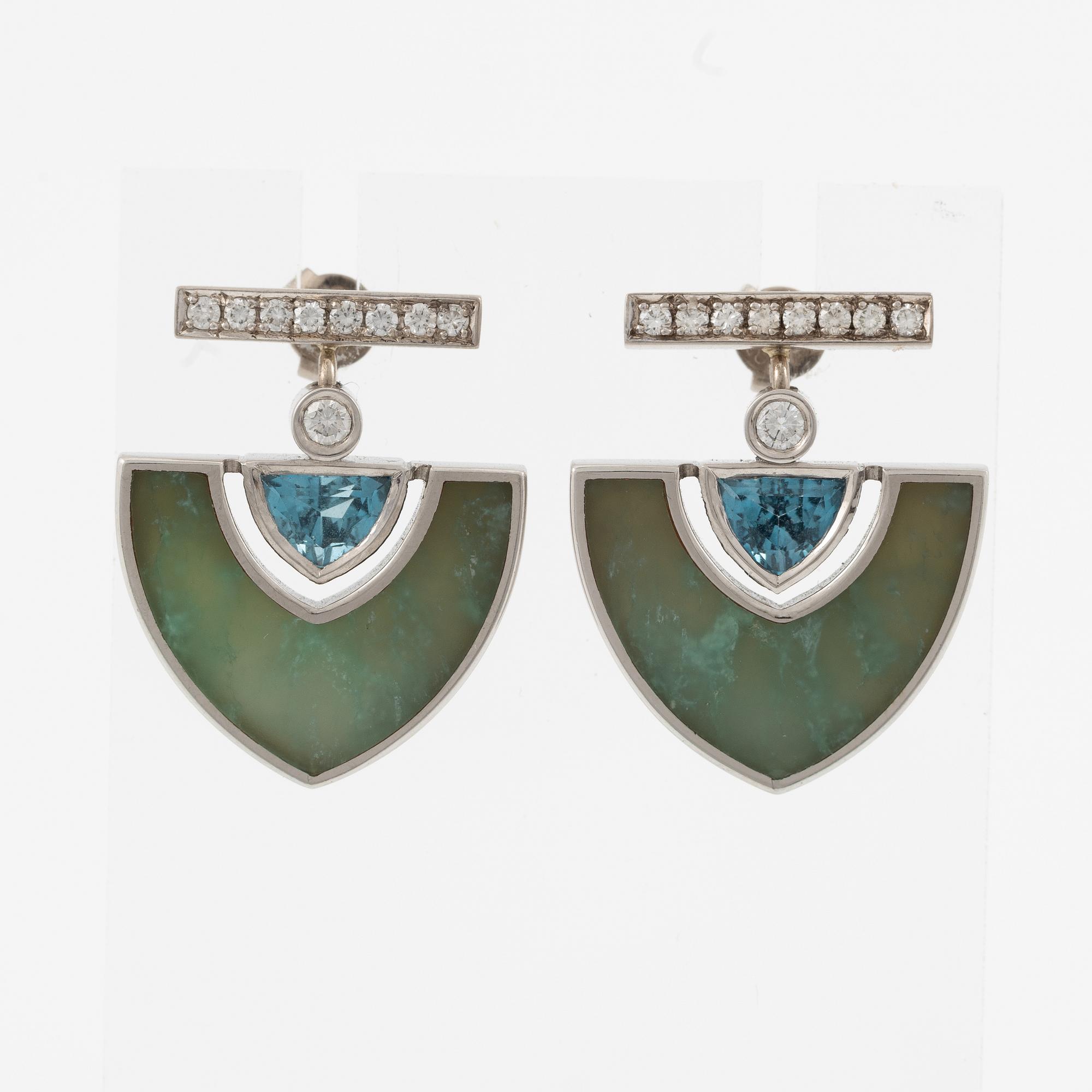 Sebastian Schildt, earrings, a pair, 18K white gold with chrysoprase and brilliant-cut diamonds.