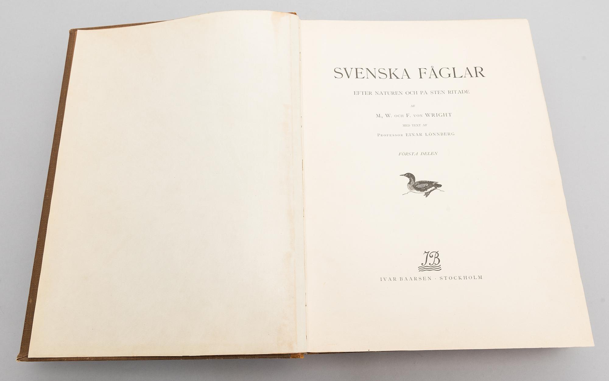 Books, 3 vol, "Svenska Fåglar", M,W & F von Wright. 1924 and 1929 Stockholm.