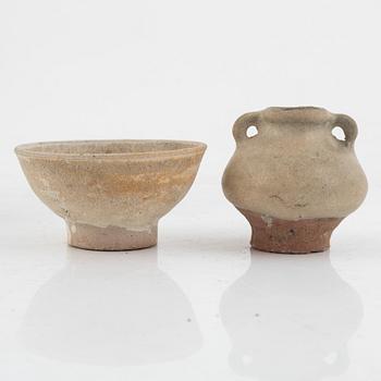 Two ceramic bowls and three small ewers, South east Asia, 16th century.