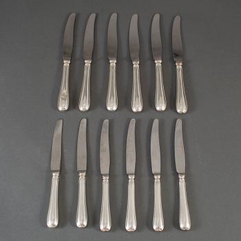 6 + 6 silver 'Svensk Rund' knives, GAB, Stockholm and Eskilstuna, 1950-70s.