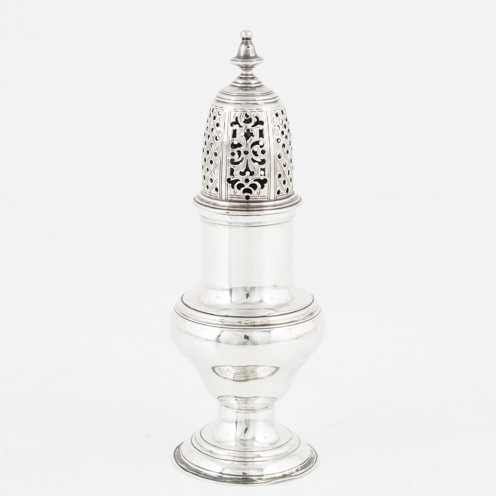 An English silver sugar shaker, marks of Benjamin Mordecai, London 1781.