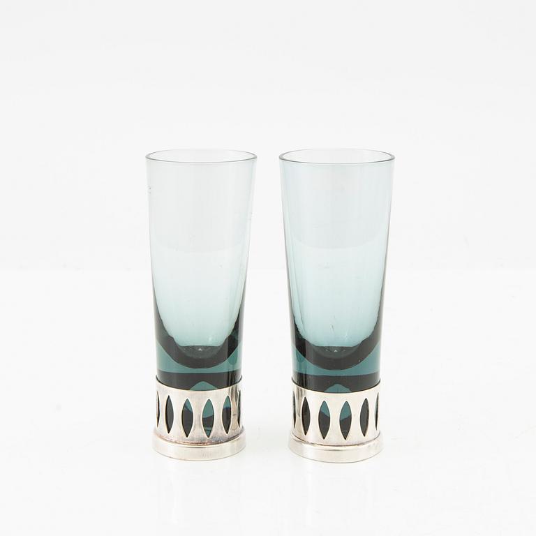 Tage Göthlin snapsglas, 11 st, silver och glas, TESI Göteborg och Skrufs glasbruk, 1964.