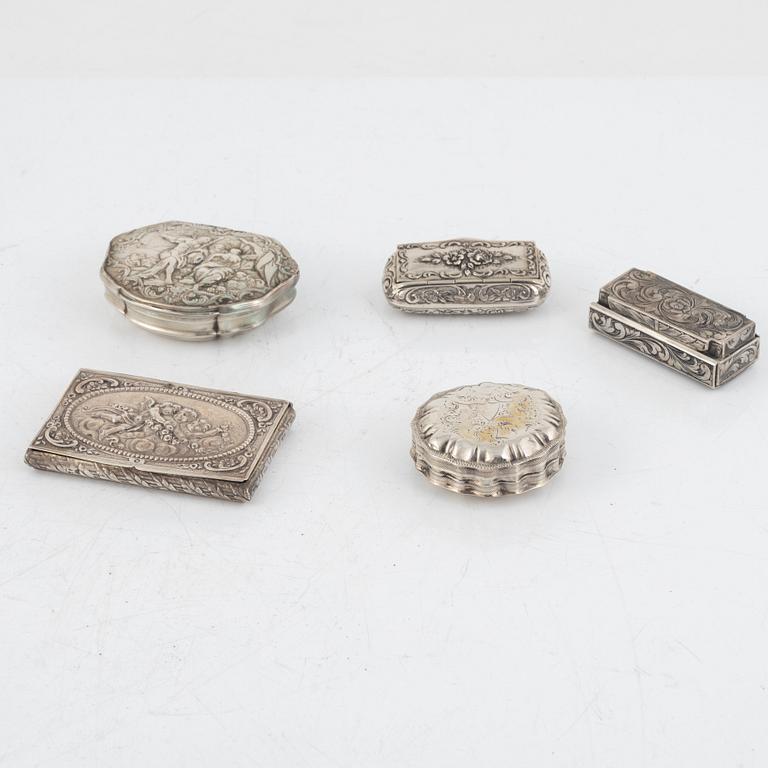 Five Silver Boxes, 19th-20th Century.