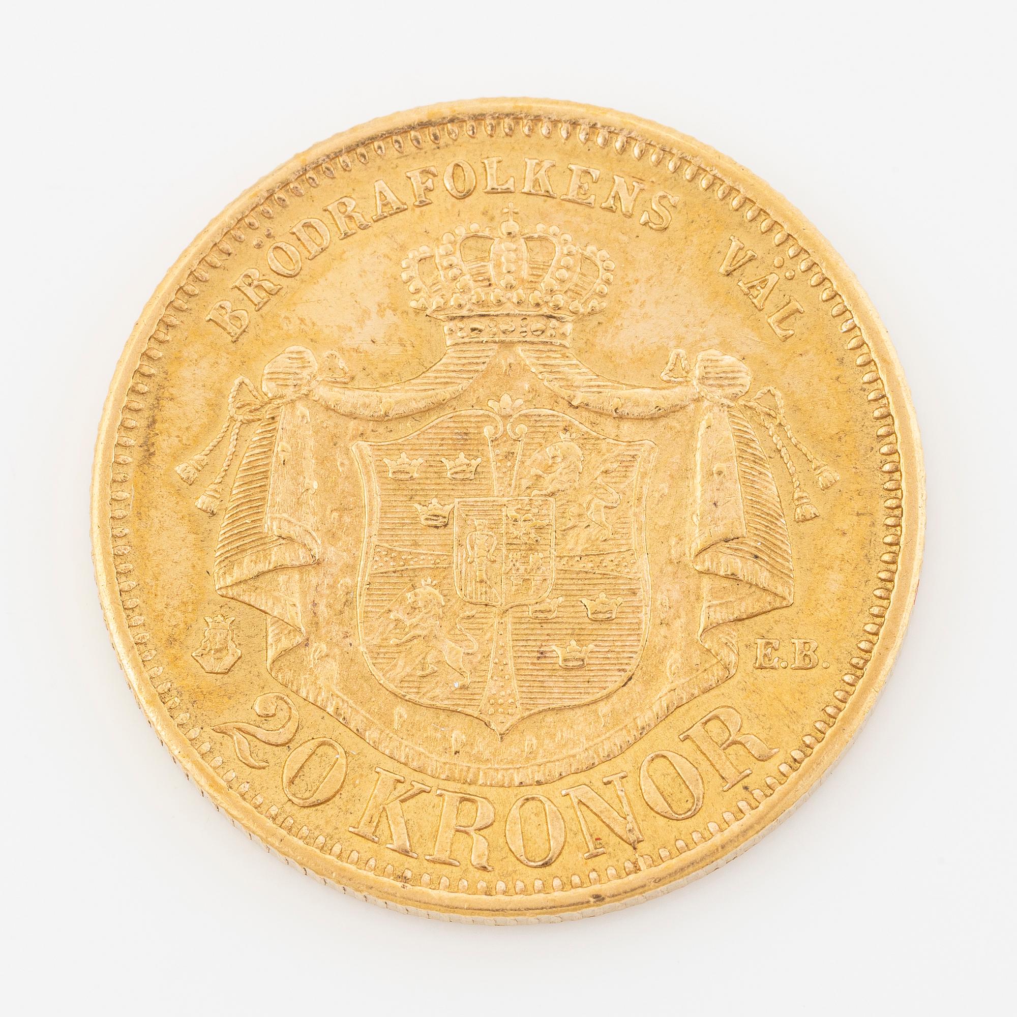 Gold coin, Oscar II, 20 kronor, type II, Sweden 1876.