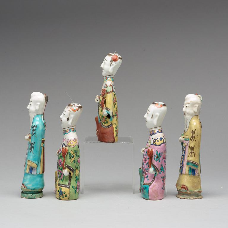 A set of five famille rose porcelain figures, Qing dynasty, 19th Century.