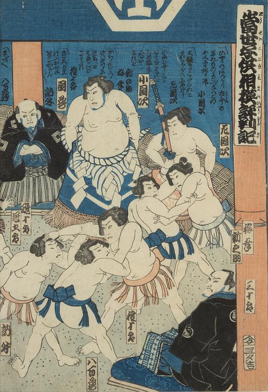 Utagawa School, a woodblock print triptych, later part of the 19th Century.