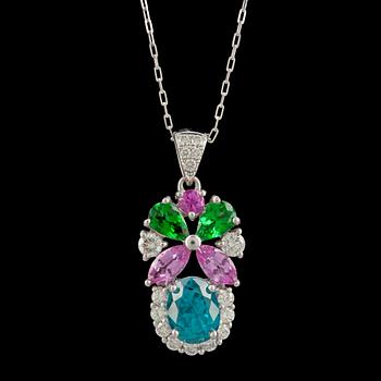 744. A blue zircon, 4.26 cts, brilliant cut diamond, pink sapphire and tsavorite garnet pendant.