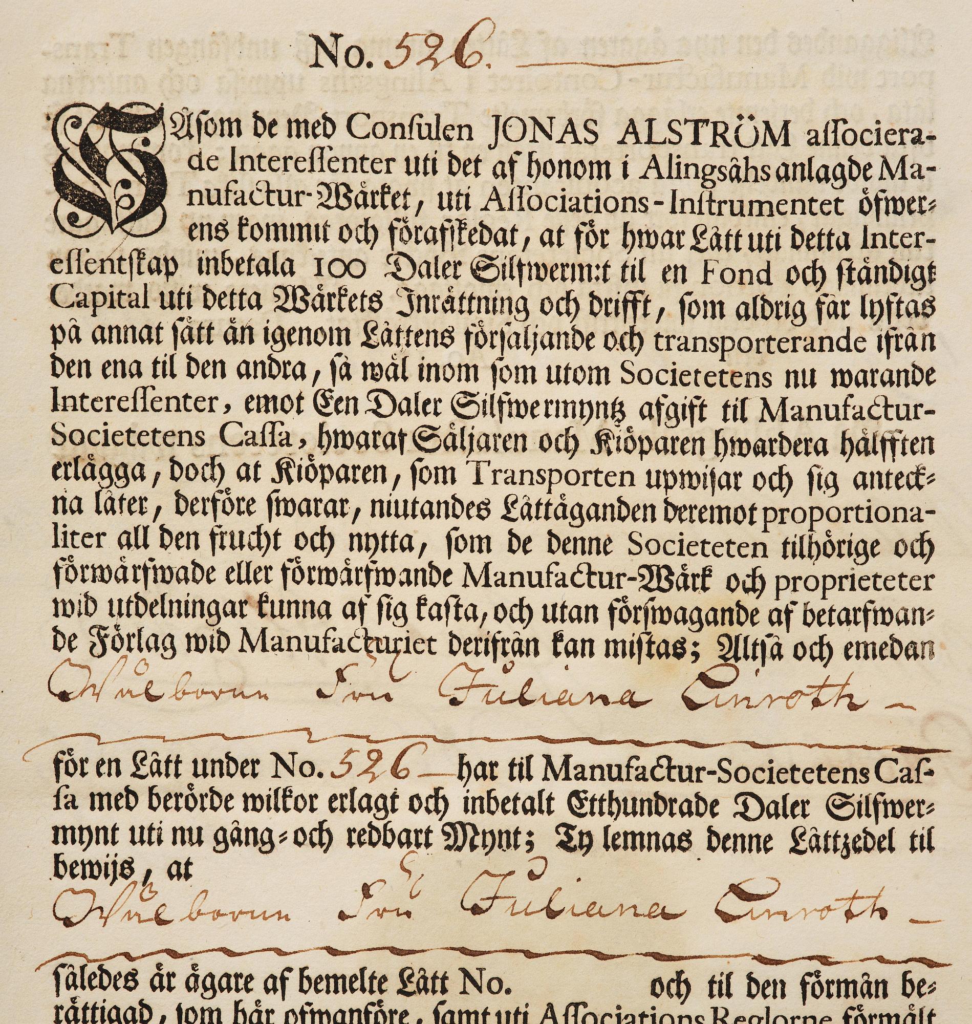 A Swedish share certificate, Ahlingsåhs Manufaktur Werk, No 526, 1728.