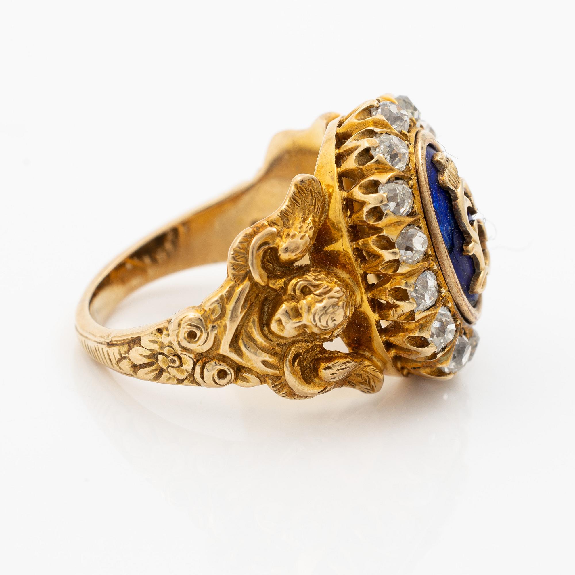 Ring, 14K gold with monogram, enamel and old-cut diamonds.
