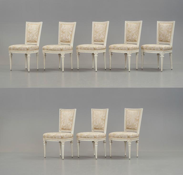 Eight (5+3) matched Gustavian late 18th century chairs.