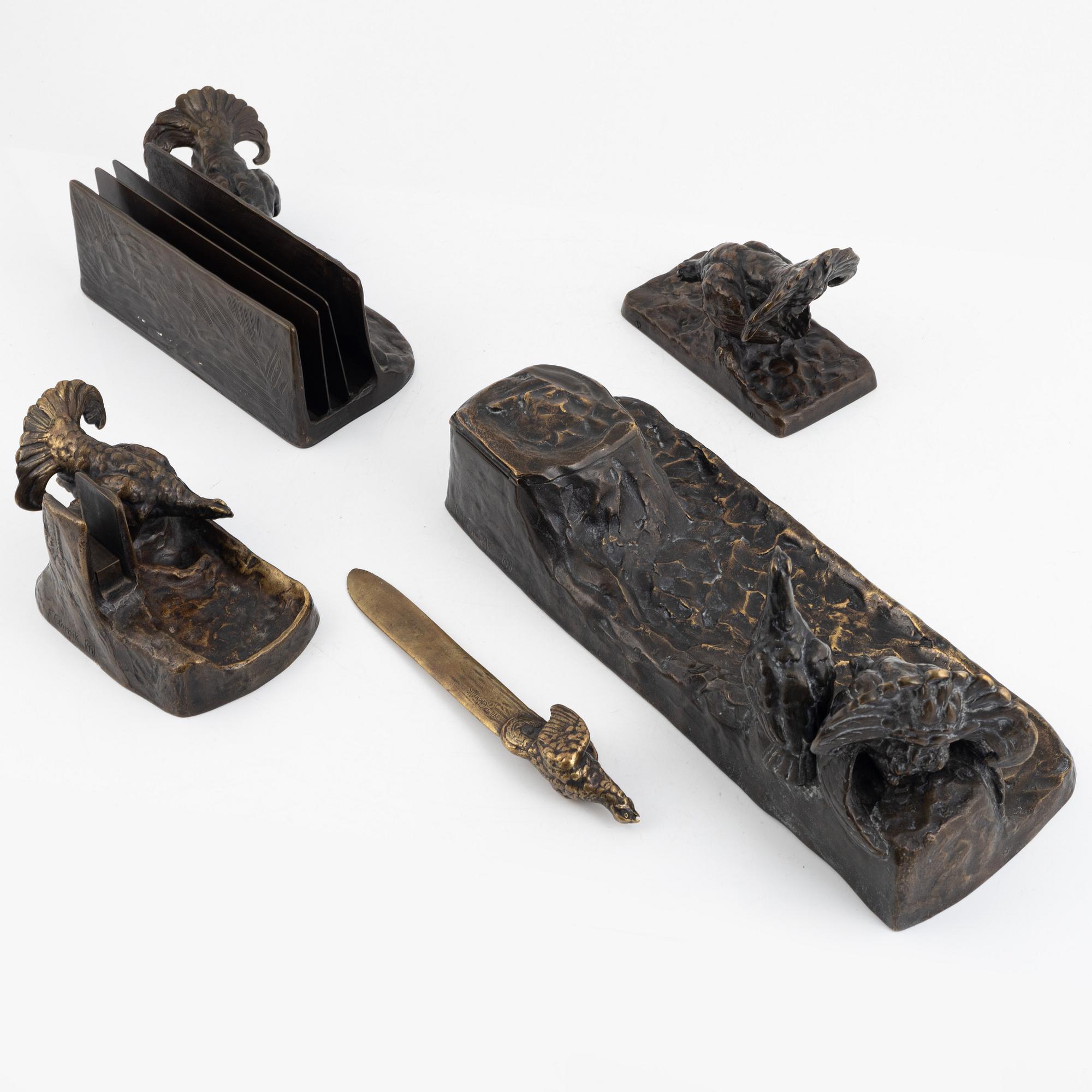 Friedrich Gornik, a five-piece bronze desk set modelled with black grouse, Jugend, 1910's/1920's.
