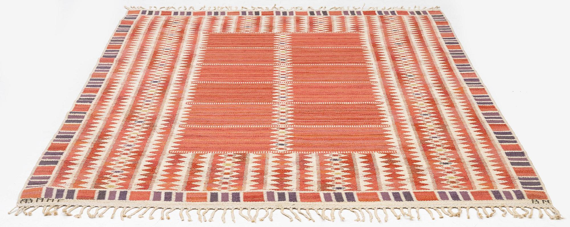 Barbro Nilsson, a carpet, 'Salerno röd', flat weave, c. 261 x 193 cm, signed AB MMF BN.