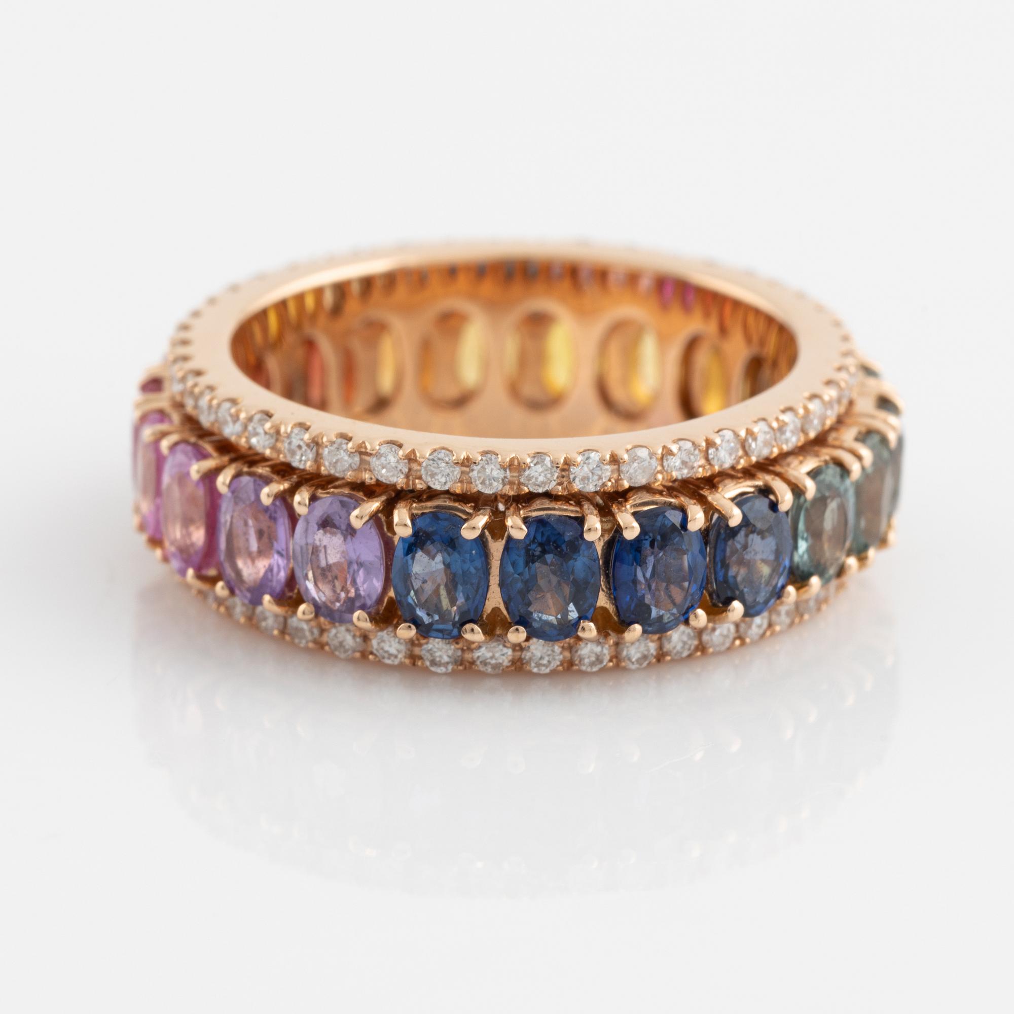 Multi coloured sapphire and brilliant cut diamond ring.