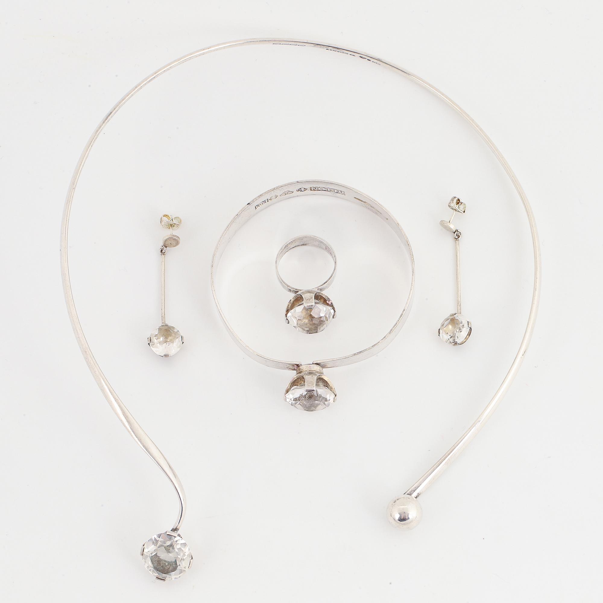 Pege Alton, silver and rock crystal, necklace, ring, bangle and earrings.