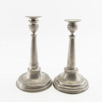 Candle holders, two pieces of pewter, 1850s.