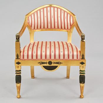 BALJFÅTÖLJER, 3 st, samt PLIANGER, 3 st, AB Axel Beckmans Möbelfabrik, Norrköping, empire-stil, tidigt 1900-tal.