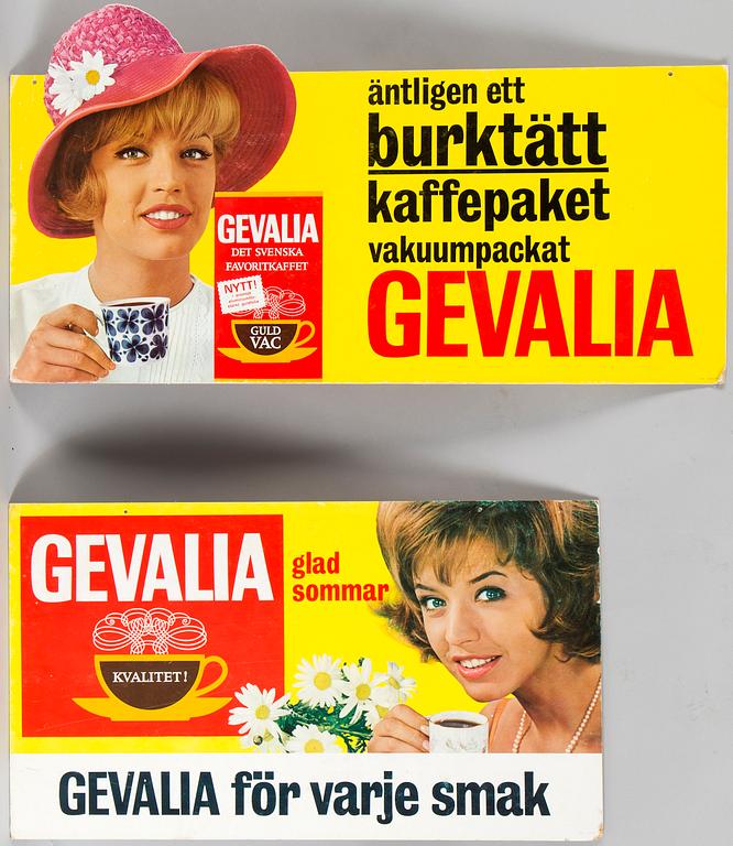 REKLAMSKYLTAR, 2 stycken, Gevalia, 1960-tal.