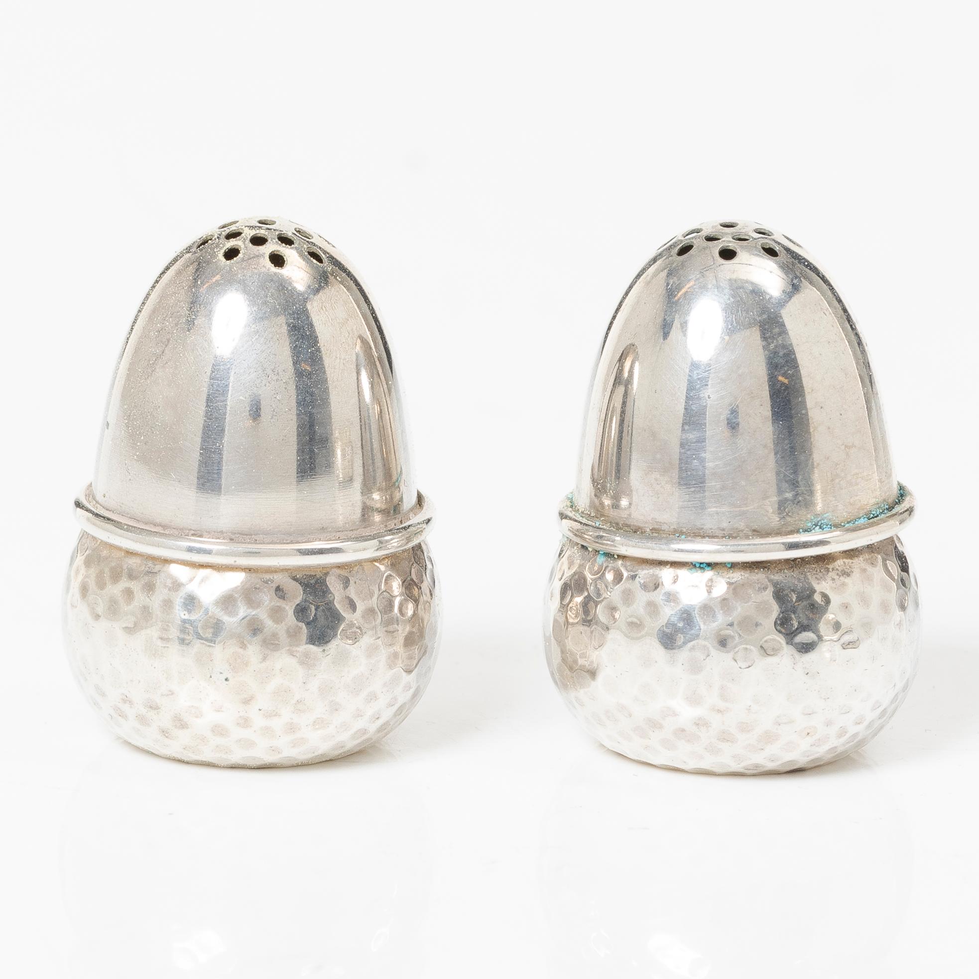 Coasters, a pair, silver, Birmingham, England, and shakers, a pair, silver, Norway.