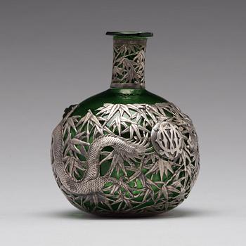 A Chinese silver mounted glass bottle, Shanghai, 1910's.