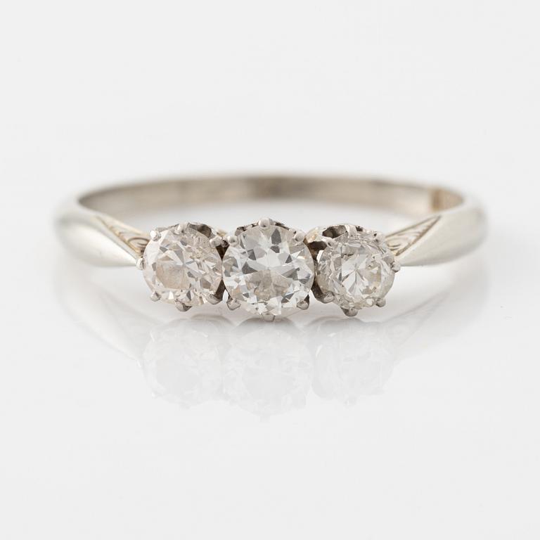 18K white gold and brilliant cut diamond three stone ring.
