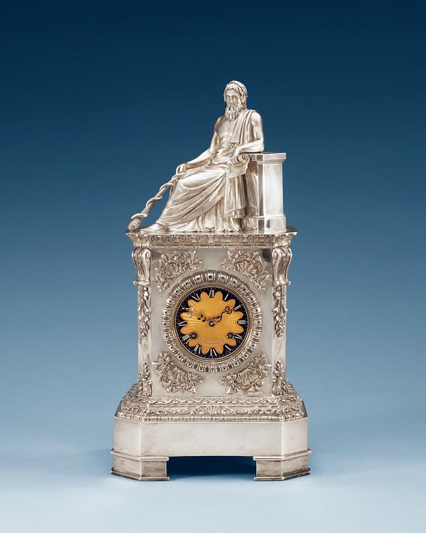 A Swedish 19th cenrury silver table-clock, makers mark of Gustaf Möllenborg Stockholm 1844, clock work by G.W.Linderoth.