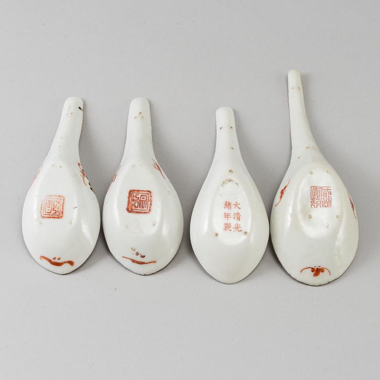 A famille rose cup with stand and four spoons, Qing dynasty, Yongzheng (1723-35) and late Qing dynasty.