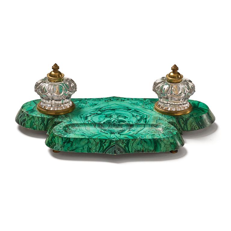 A Russian Alexander III malachite-veneered inkstand, late 19th century.