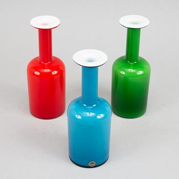 Otto Brauer, three glass vases with glass balls by Michael Bang. Holmegaard 1960s.