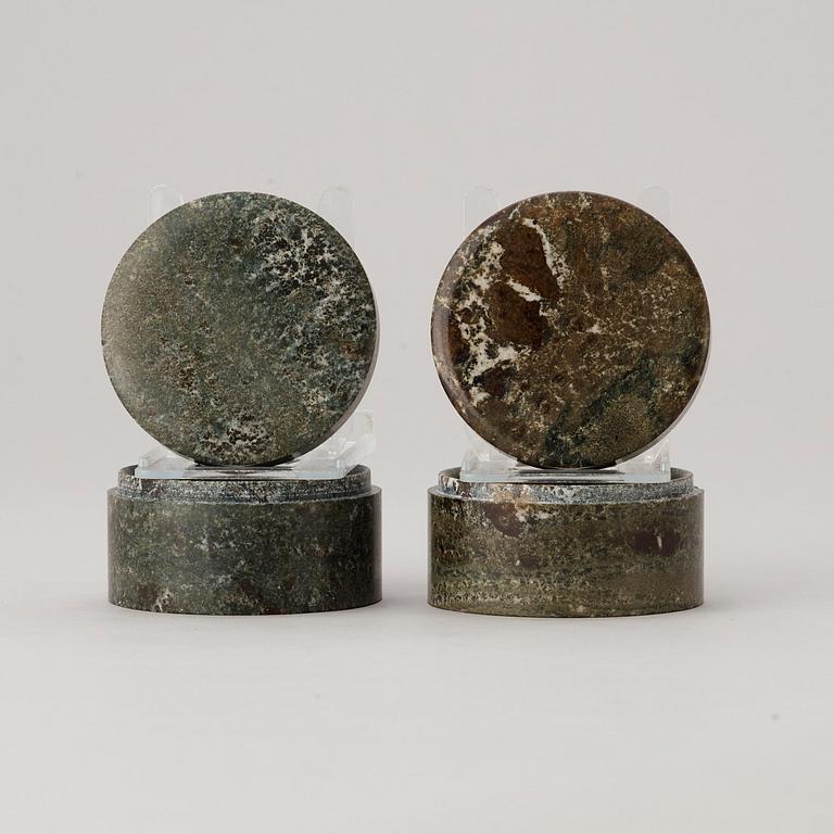 Two Swedish 19th century green marble boxes with covers.