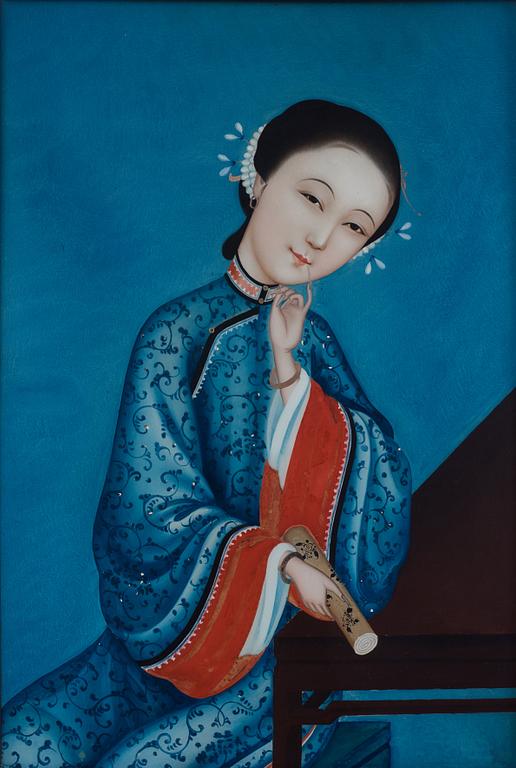 A Chinese reverse glass painting of a lady, Qing dynasty, 19th Century.