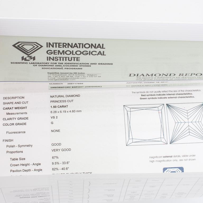 RING, med prinsesslipad diamant 1,50 ct, certifikat IGI.