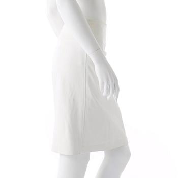 RALPH LAUREN, a white leather skirt.