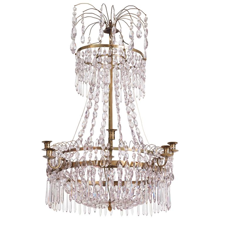 A Late Gustavian gilt brass and cut glass eight-light chandelier, circa 1800.