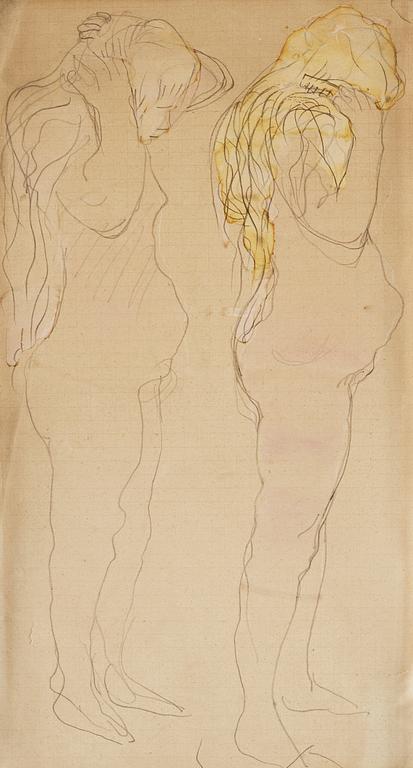 Auguste Rodin, Two studies of a nude figure combing her long blonde hair.