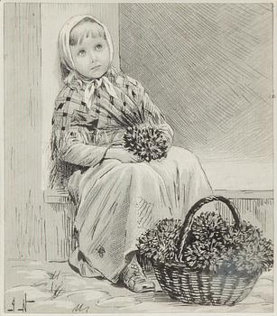 Jenny Nyström, Flicka med blommor, skrapkartong och tusch, monogramsignerad.