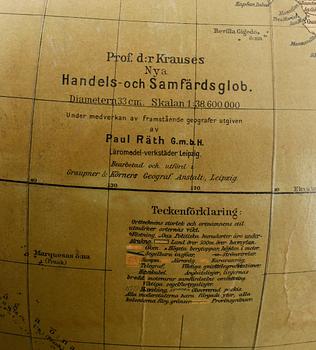 JORDGLOB, Dr. Krauses Handels- och Samfärdsglob, Leipzg, 1900-talets första hälft.