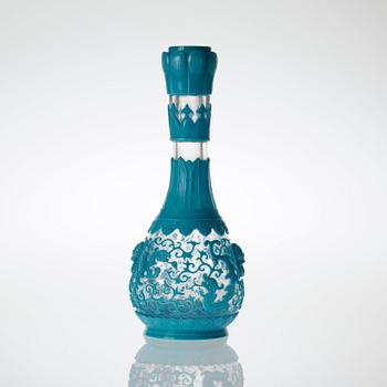 A Chinese turkoise Peking glass vase, inscription to base.