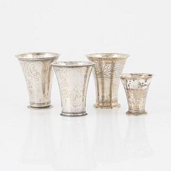 Four Swedish silver miniature beakers, 18th century.