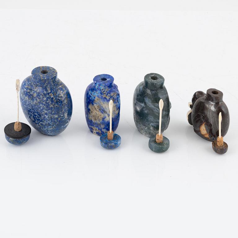 Eight snuff bottles, mottled stone, China, 20th century.