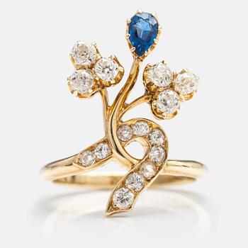 RING, 14K guld, safirer, gammalslipade diamanter och en rosensten ca 0.78 ct tot. Sekelskiftet 1800/1900.