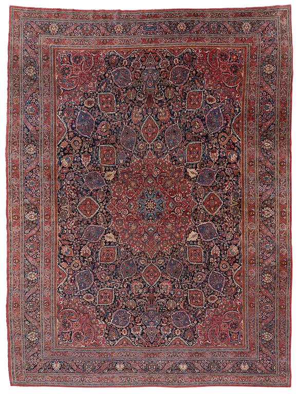 An antique Moud carpet of 'Ardabil' design, approximately 445.5 x 332 cm.