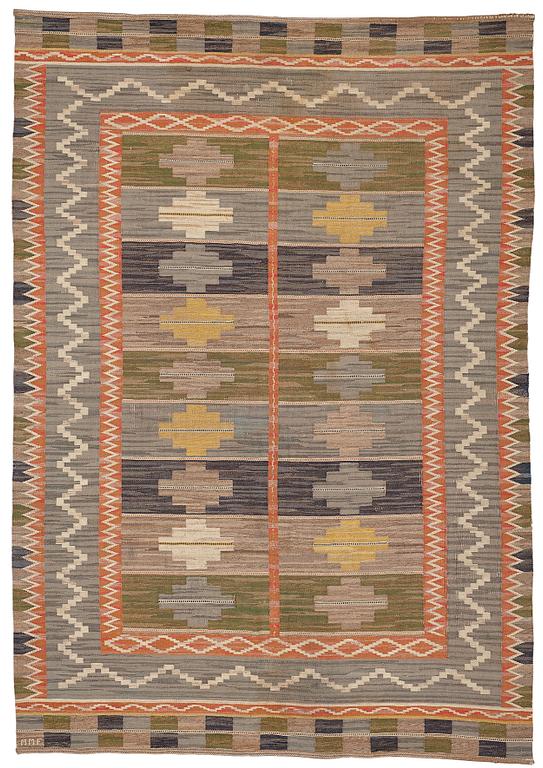 Märta Måås-Fjetterström, Matto, "Blå taggen", flat weave, ca 328-330,5 x 228-232 cm, signed MMF.