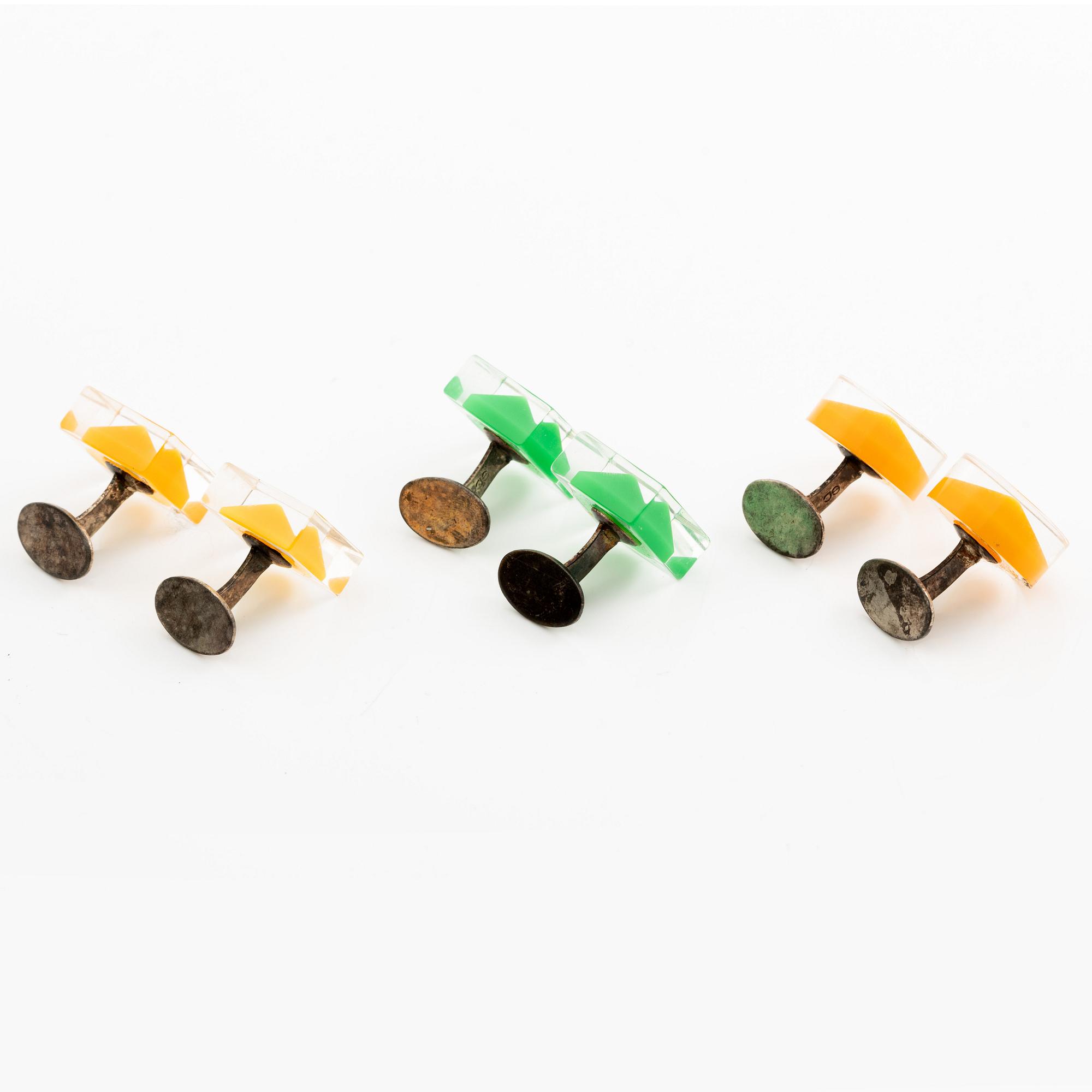 Siv Lagerström, three pairs of cufflinks, acrylic plastic, 1970s.