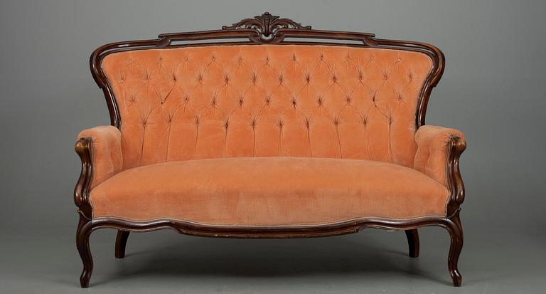SOFFA, TABURETT samt STOLAR, ett par, nyrokoko-stil, 1800-talets slut.