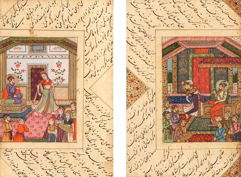 ALBUMBLAD, två stycken, bläck och färg på papper med förgyllda detaljer. Indien, 1700-tal.