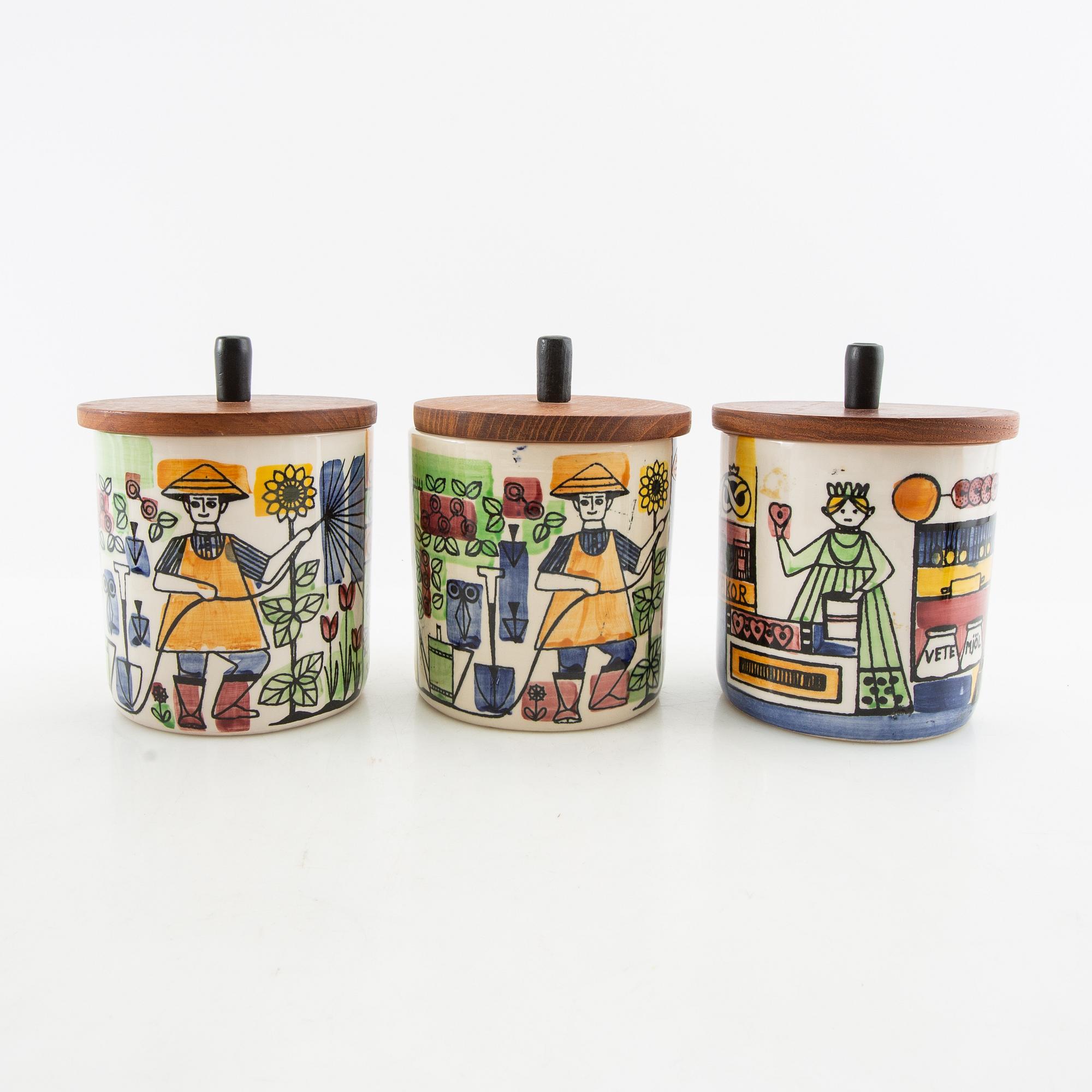 Anita Nylund jars with lids and shaker 6 dl "Our Little Town" and "The Pepparsson Family" JIE Grantofta 1950s/60s.