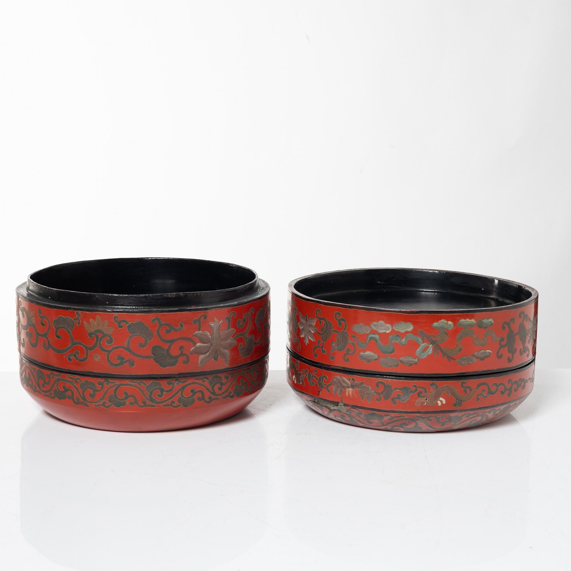 A group of three red wooden vessels, China/Southeast Asia, 20th century.